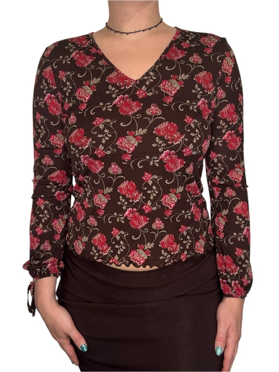 Old Navy Tops - Y2K Brown Floral V-Neck Long Sleeve Top with Pink Roses